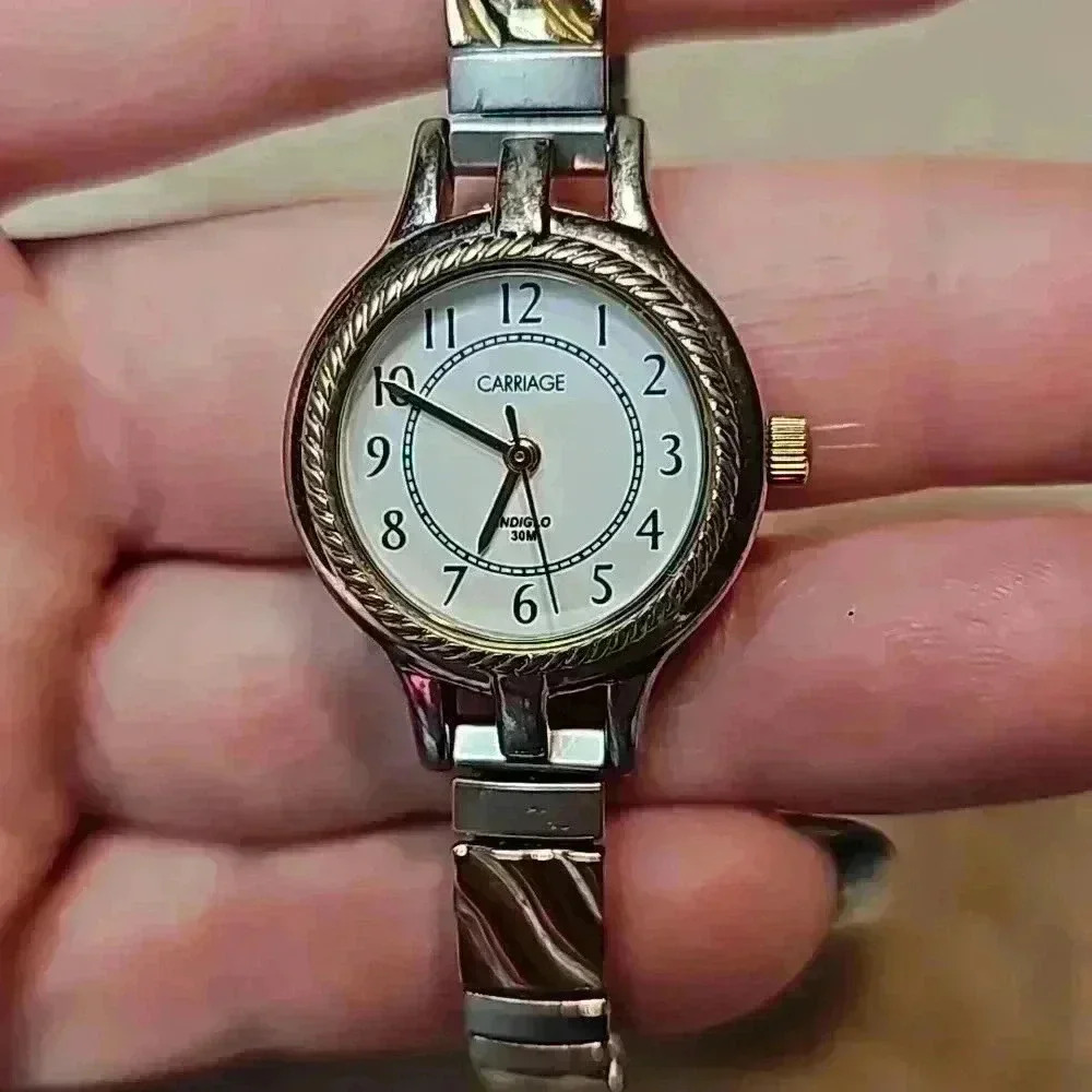 Timex Carriage Indiglo Silver and Gold Toned Stretch Metallic Band Watch